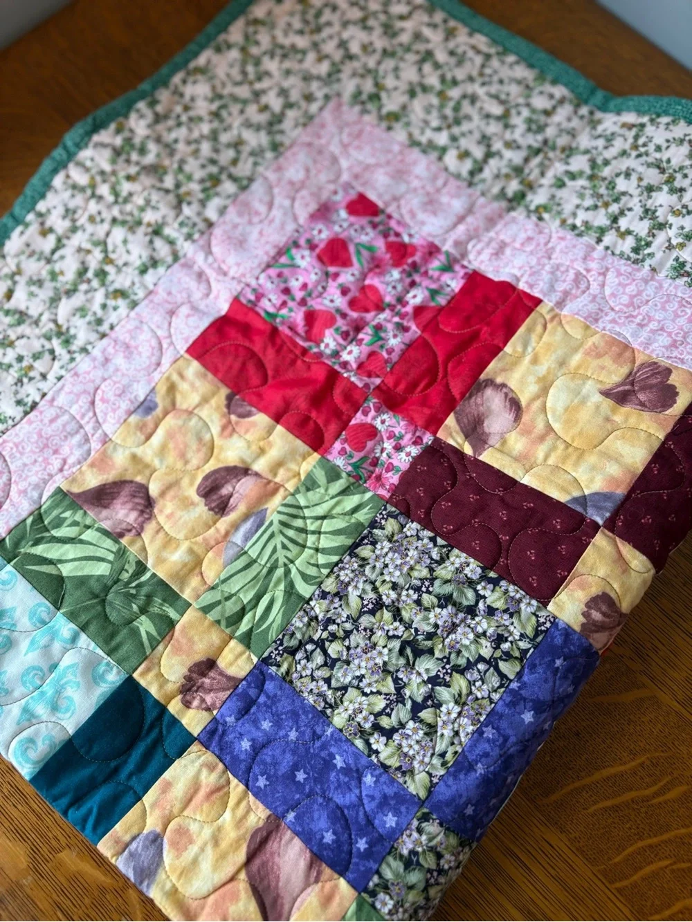 Handmade Multicolor Patchwork Quilt Home Bedding Cottagecore Pink Green Quilted